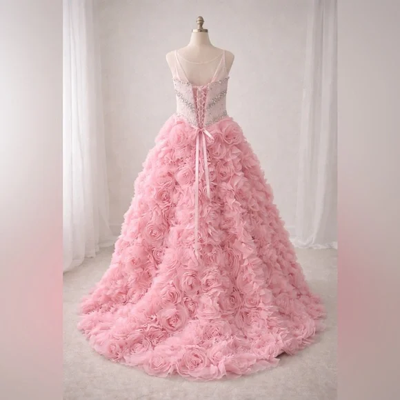 Blush Pink Beaded Ball Gown with Rosette Skirt – Medium Fit - Picture 2 of 16